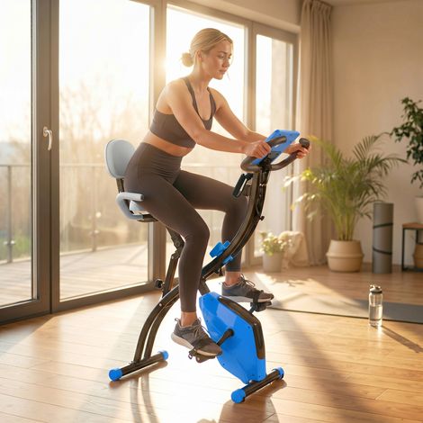 Vélo d'appartement pliable avec 8 niveaux de résistance magnétique, capteur de fréquence cardiaque, volant d'inertie de 2,5 kg, bleu (1/5)