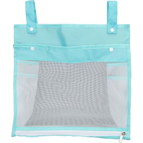 Grand sac de rangement bleu pour jouets de bain bébé, capacité élevée, organiseur mural avec bouton pression et fermeture éclair, idéal pour salle de bain enfants. (1/5)