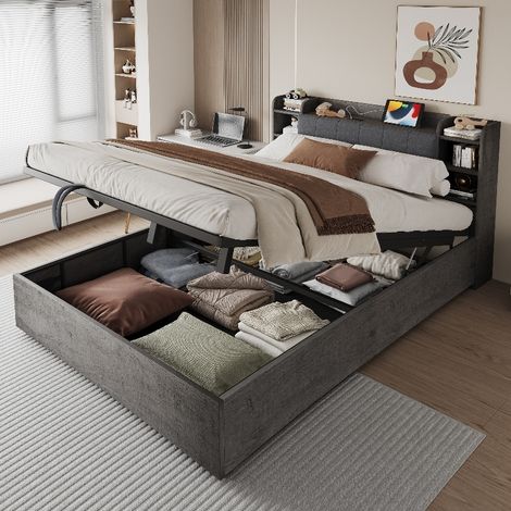 Holzbett 180x200 cm Grau - Hydraulisches Doppelbett mit Stauraum & Bettkasten - Multifunktionsbett mit USB/Typ-C & Kopfteil-Ablage (1/5)