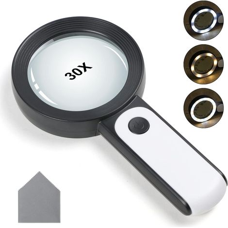 Loupe Grossissante à Main, Loupe de Lecture éclairée，Loupe 30X avec 18 LED Lumière, pour Lecture, Observation, Seniors, l'artisanat, réparation, Bijoux. (3 Modes D'éclairage)