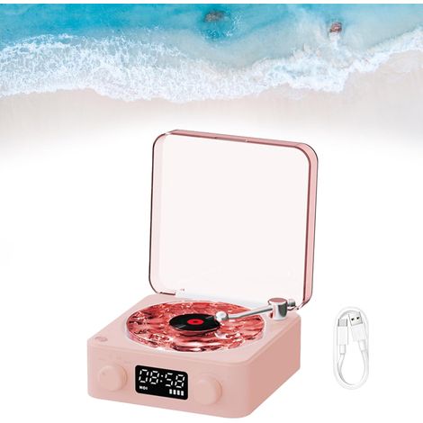 Disque vinyle, lecteur horloge, enceinte Bluetooth, enceinte portable rétro en vinyle, lumière et heure réglables, rose (1/5)