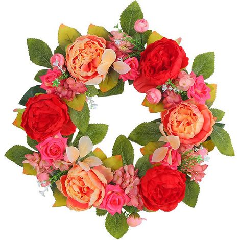 Künstlicher Pfingstrosenkranz, 38 cm (15 Zoll), Vintage-Kranz mit blühenden Pfingstrosen, Rosen und grünen Blättern, für Frühling und Sommer, zur Dekoration von Haustür, Wand und Fenster (40 cm) (1/2)