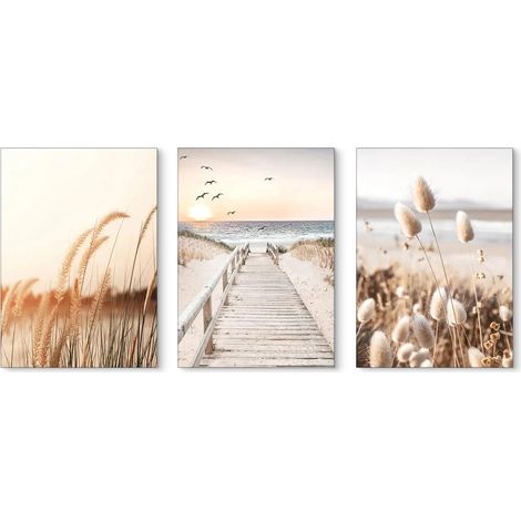 Lot de 3 posters esthétiques - Motif nature, plage côtière, paysage d'oiseaux de mer - Pour le salon - Beige - Boho - Herbe de la pampa - Décoration pour chambre à coucher, sans cadre (1/3)