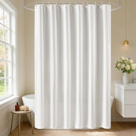 Rideau de douche imperméable en polyester brossé - 180 x 160 cm - Dos laminé en TPU - Blanc - Lavable - 2 en 1 - Avec 3 aimants lourds et 12 anneaux (1/5)