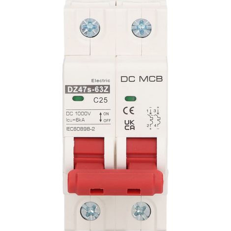 Disjoncteur miniature DZ47s-63Z C25 2P DC 1000V pour systèmes photovoltaïques solaires, 25A, avec rail DIN, capacité segmentée 6000A. (1/5)