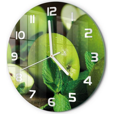 Horloge Murale Ronde Objet Décoratif en Verre Silencieuse pour Salon Pommes vertes fi 30 cm