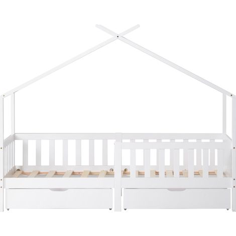 Letto a casetta per bambini 90x200 cm bianco con 2 cassetti, sponde e rete a doghe (1/5)