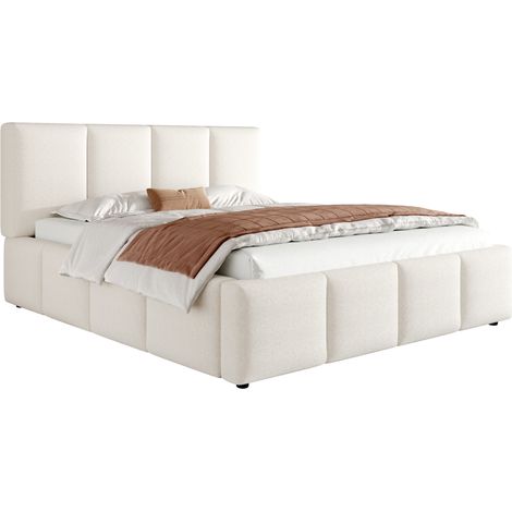 Lit double 180 x 200 cm capitonné avec sommier, tête de lit rembourrée bouclé beige, structure encastrée et style minimaliste pour chambre parentale - CHICFURN (1/5)
