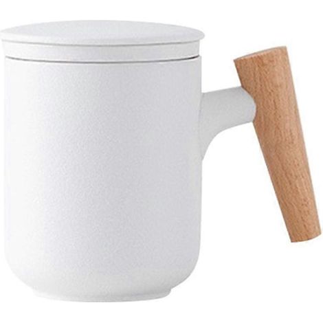 Tasse à thé en céramique dépolie avec couvercle et filtre, grande capacité, anse en bois, tasse à café avec filtre à thé. (1/5)
