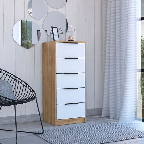 Commode Kaia 5 tiroirs, avec poignées métalliques Blanc / Miel (1/5)