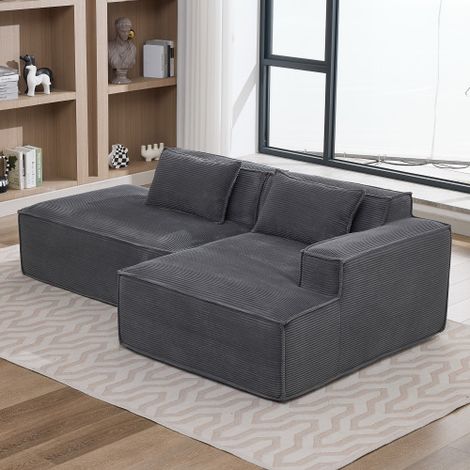 Sofá esquinero de poliéster gris con asiento de muelles ensacados y 2 cojines, 233x129x70 cm