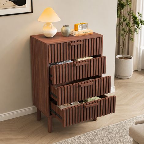 Commode à 4 tiroirs 60×34×91 cm, commode chambre, grande capacité, meuble de rangement, conception anti-basculement, style moderne, pieds en bois, pour chambres , salons et couloirs, MDF, Noyer (1/5)