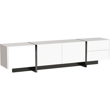 Mobile TV basso bianco e nero lucido in truciolare con 3 ante e 2 cassetti, 190 x 35 x 45 cm (1/5)