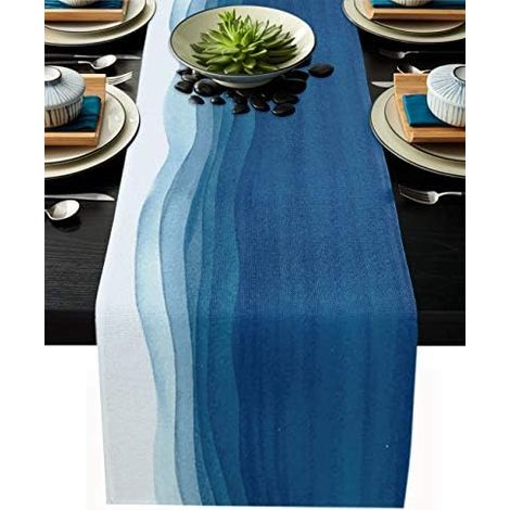 Nappes antidérapantes en coton et lin bleu et blanc, motif vagues océaniques dégradé, pour la cuisine, la maison, la salle à manger et l'extérieur. Décoration idéale pour les fêtes.
