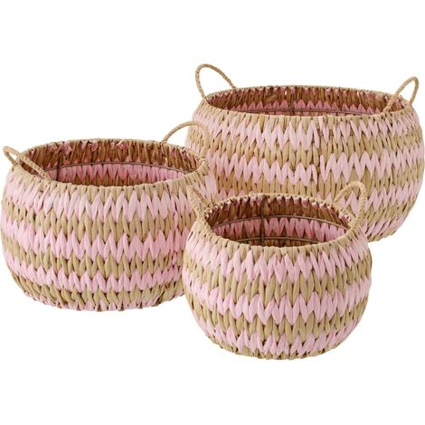 Set de 3 paniers tressés avec anses - naturel et rose clair (1/4)