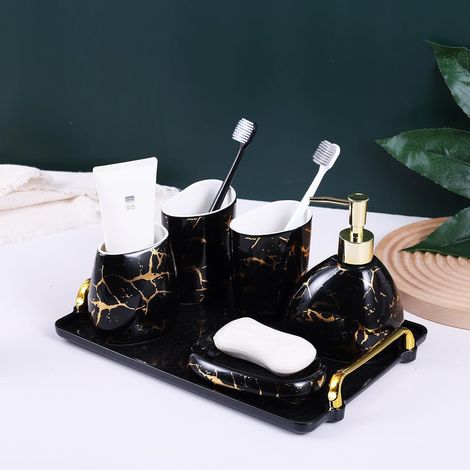 Ensemble 6 pièces Accessoires de salle de bain, Céramique, Design marbre doré, Noir, Pour intérieur moderne
