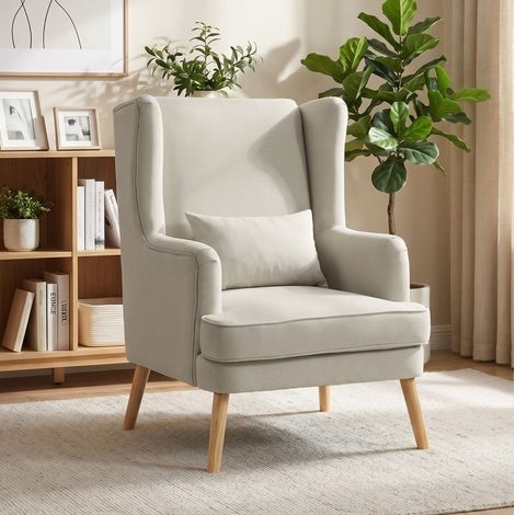 Sillón lounge beige en tejido efecto lino con respaldo alto, asiento amplio y cojín lumbar, estructura robusta (1/5)