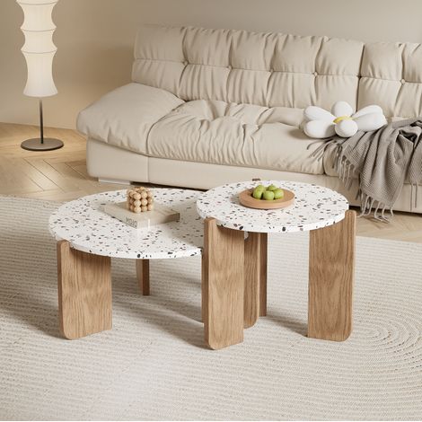 DESMIU Table Basse Gigogne 2 Pièces avec 2 Plateaux, design artistique, pour Salon, en MDF, Naturel (1/5)