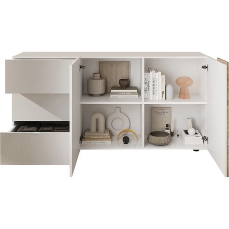Sideboard Busi, Kommode mit 2 Regalen, 3 Schubladen Made in Italy, 2 Türen, 181x44x84h cm Hochglanz Weiß