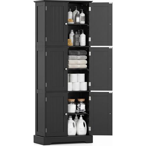 Armoire Haute Salle de Bain avec 6 Portes, 60 x 30 x 160 cm Meuble de Rangement avec Étagères Réglables, Dispositifs Anti-Basculement, Noir (1/5)