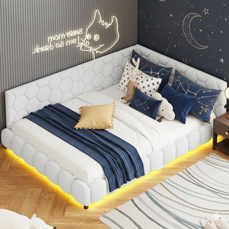 Letto 140x200 cm - Divano letto 140 - con illuminazione a LED e porte USB - Comfort e modernità - in pile di agnello - Bianco (1/5)