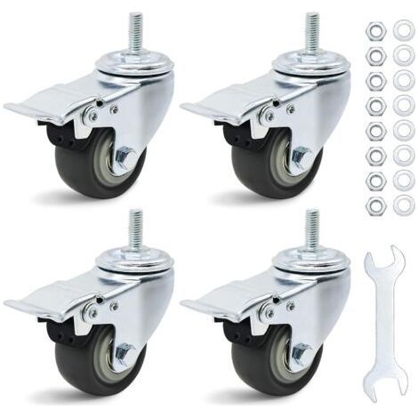 Satz mit 4 Lenkrollen, 50 mm – Doppelkugellager mit M8 x 20 mm Gewinde – Rutschfester Gummi – Geräuscharm – 360° drehbar – Mit Bremse – Gesamtlast: (1/5)
