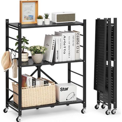 Étagère Pliante Mobile, 3 Niveaux, Étagère Pliante à roulettes, 71x33x91 cm, Métal Robuste, Charge Statique 258,5 kg Dynamique 90,7 kg, Meuble de Rangement pour Garage, Cuisine, sous-Sol, Noir (1/5)