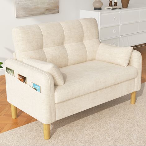Zweisitzer-Sofa mit 2 Kissen, seitlicher Aufbewahrungstasche, Chenille, Beige OKMYHOME (1/5)