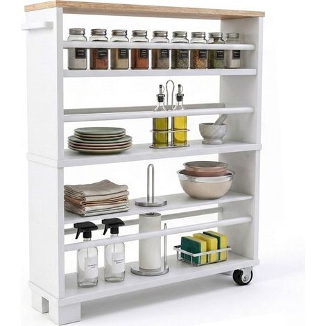 Carrello da nicchia Relaxdays, 80x13x50 cm, scaffale stretto bagno/cucina, 4 ripiani, maniglia, bianco naturale