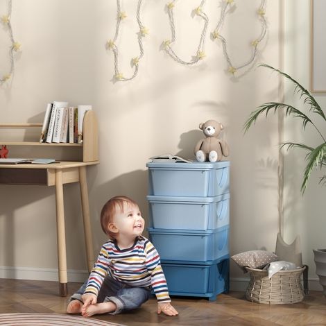 Kinder-Aufbewahrungsschrank mit 4 Schubladen, abgerundete Kanten, Kunststoff, blau OKMYHOME (1/5)