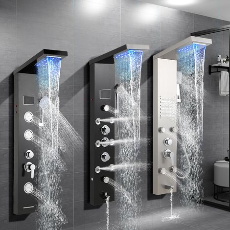 Jiubiaz Panel de ducha 6 en 1 acero inoxidable 304 114.5x50x20 cm negro, LED, pantalla LED, ducha de lluvia, cascada, masaje dorsal, conexión G1/2 (1/5)