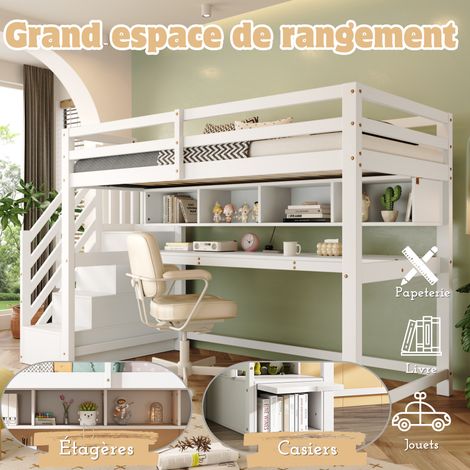 Lit superposé enfant 90x200cm, bois massif et MDF, mezzanine avec escalier de rangement, bureau spacieux et étagères, peinture écologique, blanc (1/4)