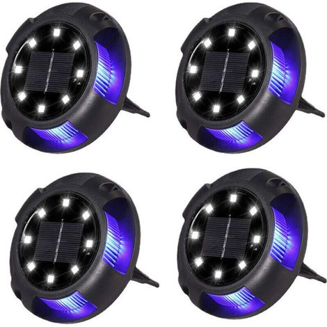 Set of 4 Recessed Outdoor Solar Bollard Lights - 8 White LEDs + 4 Blue LEDs - Waterproof - for Driveway, Parking Area, Landscape, Garden, Patio, Lawn, Courtyard