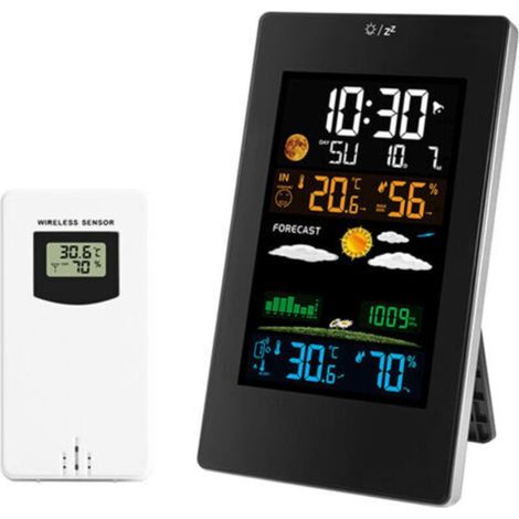 Drahtlose Wetterstation mit VA-Farbdisplay und Außensensor, Thermometer, Hygrometer, Wettervorhersage, Zeitanzeige, Wecker, USB-Kabel, schwarz (1/5)