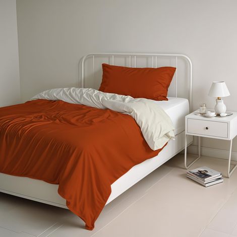 housse de couette double-face couleur unie avec taies d'oreiller, 100 % Coton, Terre/Crème, Small (1/5)