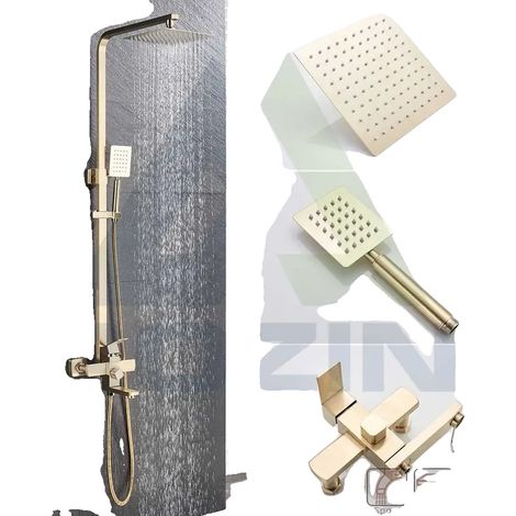 Ensemble de robinet de douche, pommeau de douche pluie, barre coulissante réglable, Brosse dorée (1/2)