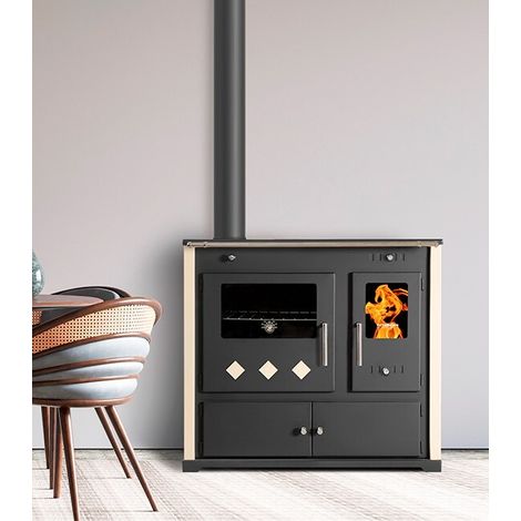 Cocina de Leña Prometey Pr. Lux Eco – 9,5 kW  Placa de Hierro Fundido, Diseño Elegante, Color Marfil, Alta Eficiencia y Salida de Humos a la Izquierda (1/4)