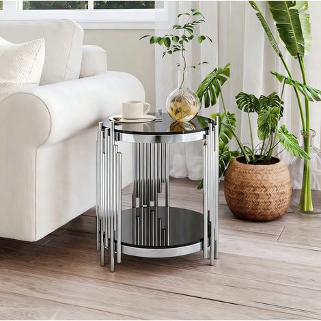 Mesa auxiliar redonda 45x45x55 cm negra y plata de acero inoxidable y vidrio templado con 2 niveles (1/5)