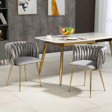 Chaises de salle à manger de luxe modernes en velours (Lot de 2) — Dotées de pieds en métal doré, d'un élégant design tissé à la main et de coussins moelleux — Un choix idéal pour les salles à manger, (1/5)