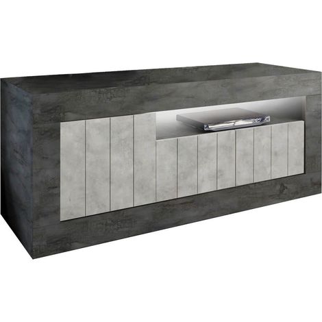 Meuble TV 3 portes 1 niche gris aspect Cimento et Oxyde - PAOLINO