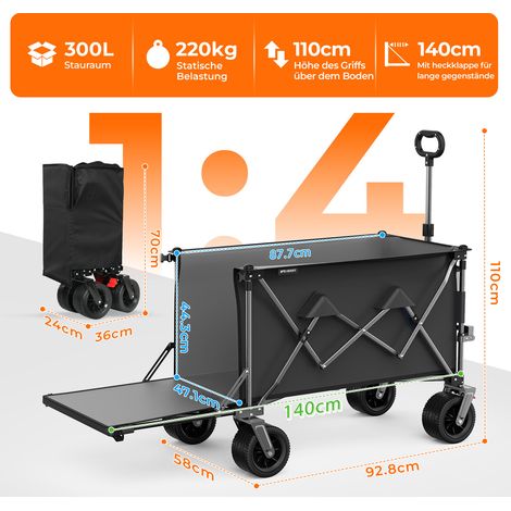 Carro plegable 140 cm con pared trasera extensible, grandes ruedas todoterreno y estructura metálica, negro/gris (1/4)