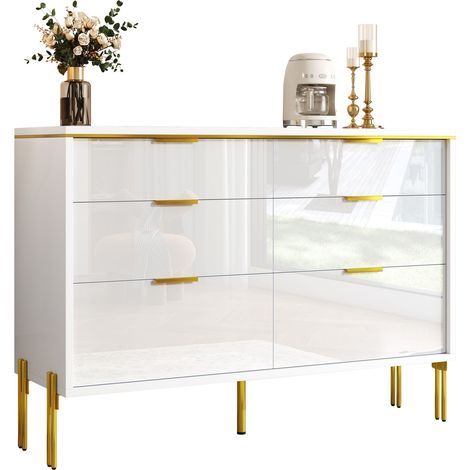 Buffet moderne 6 tiroirs blanc/doré – Laqué brillant, grand rangement