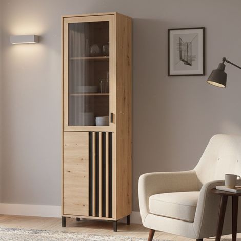 Vitrina Senis, Mueble Expositor 4 Estantes, Puerta Abatible, 2 Puertas, 54.5x40x192.5h cm Roble Nodoso Marrón (1/5)