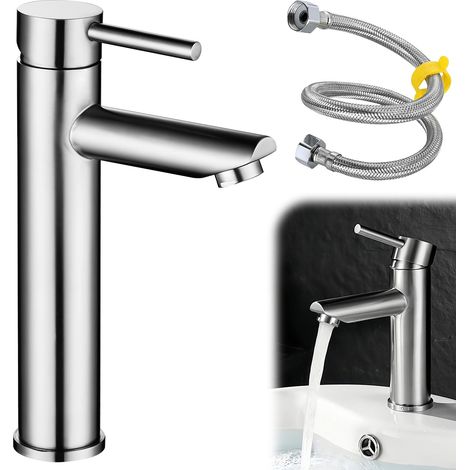 Robinet D'eau Froide avec Tuyau de Raccordement 80CM, Robinet en Acier Inoxydable pour Petits Lavabos, Robinet à Levier Unique Salle de Bain Colonne (1/5)