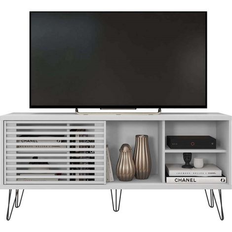 Meuble TV en bois avec 1 porte coloris blanc - longueur 136 x profondeur 36 x hauteur 46 cm -PEGANE- (1/2)
