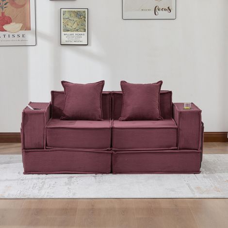 Canapé pouf modulable 162x78x66 cm rouge bordeaux en velours côtelé avec rangement latéral (1/5)