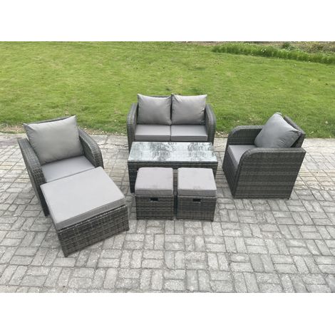 Fimous 7-Sitzer Rattan Lounge Sofa Set Gartenmöbel-Set mit Rechteckiger Couchtisch Love Sofa 3 Hockern Dunkelgrau Gemischt (1/5)