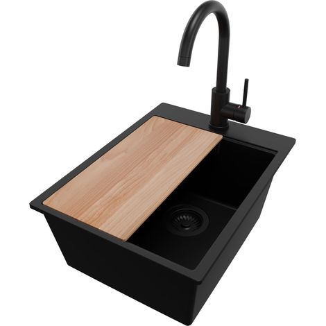 PRIMAGRAN Evier Cuisine en Granit 38x50cm, Lavabo 1 bac + Robinet 32x20cm + Kit de Vidage + Accessoire, Évier à Encastrer au meuble 40cm - Oslo, Tout Noir (1/5)