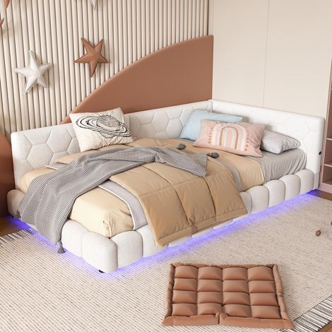 Letto singolo capitonné 90x200 cm, con illuminazione LED, funzione di ricarica USB, letto bambini in velluto, stile moderno - Bianco