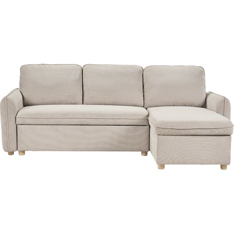 Sofá de esquina convertible reversible con arcón 3 plazas en tejido chenilla beige y madera clara ORSO